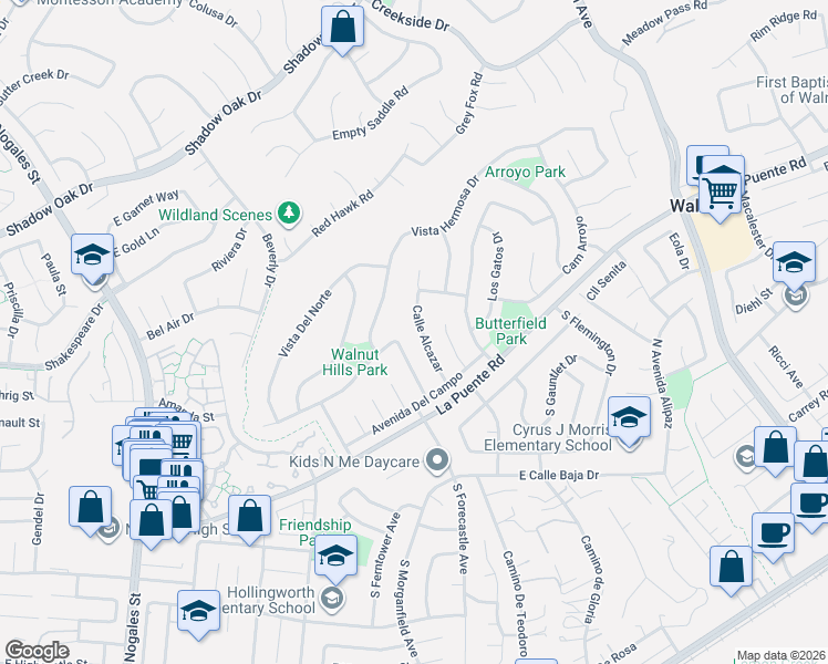 map of restaurants, bars, coffee shops, grocery stores, and more near 369 Calle Alcazar in Walnut