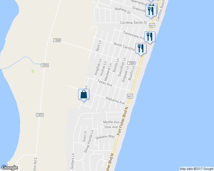 map of restaurants, bars, coffee shops, grocery stores, and more near 503 Texas Avenue in Carolina Beach