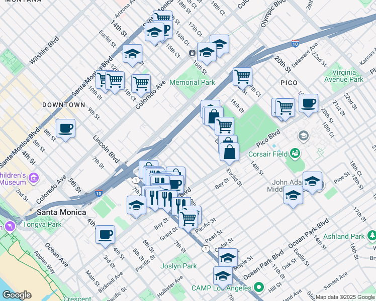 map of restaurants, bars, coffee shops, grocery stores, and more near 1820 12th Street in Santa Monica