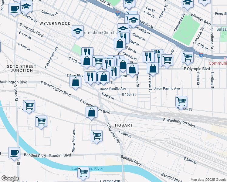 map of restaurants, bars, coffee shops, grocery stores, and more near 3425 Emery Street in Los Angeles