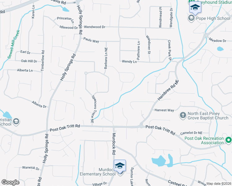 map of restaurants, bars, coffee shops, grocery stores, and more near 2725 Timbermill Drive Northeast in Marietta