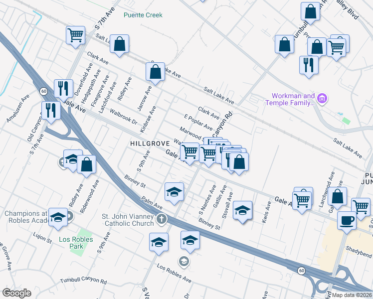 map of restaurants, bars, coffee shops, grocery stores, and more near 15112 Walbrook Drive in Hacienda Heights