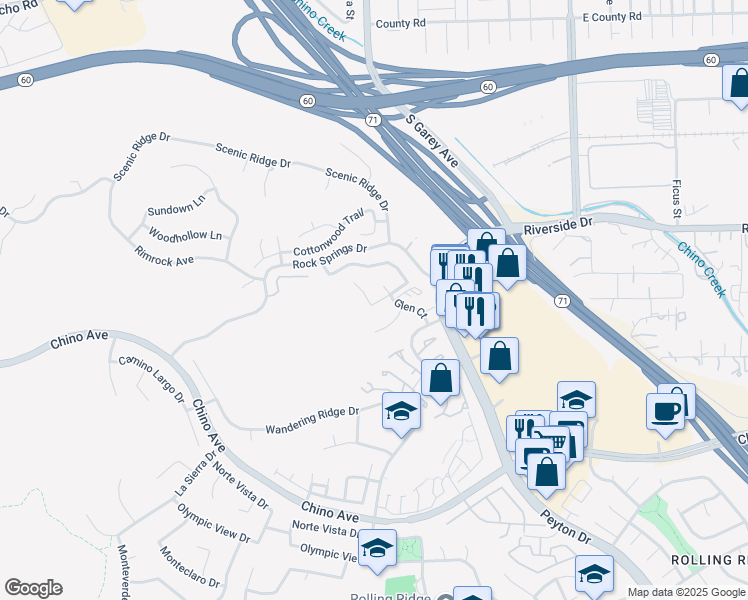 map of restaurants, bars, coffee shops, grocery stores, and more near 2598 Highgate Court in Chino Hills