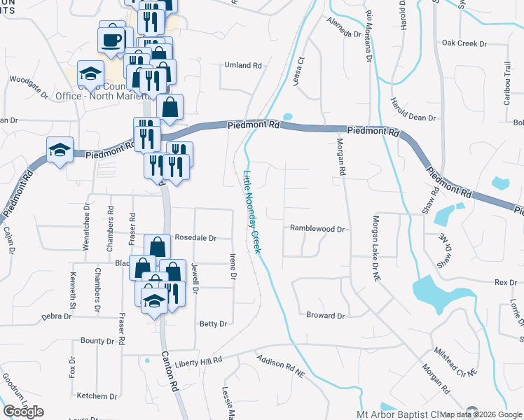 map of restaurants, bars, coffee shops, grocery stores, and more near 1032 Hedge Lane in Marietta