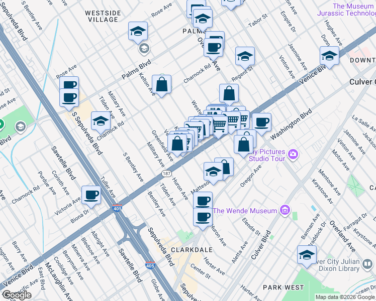 map of restaurants, bars, coffee shops, grocery stores, and more near 3759 Midvale Avenue in Los Angeles