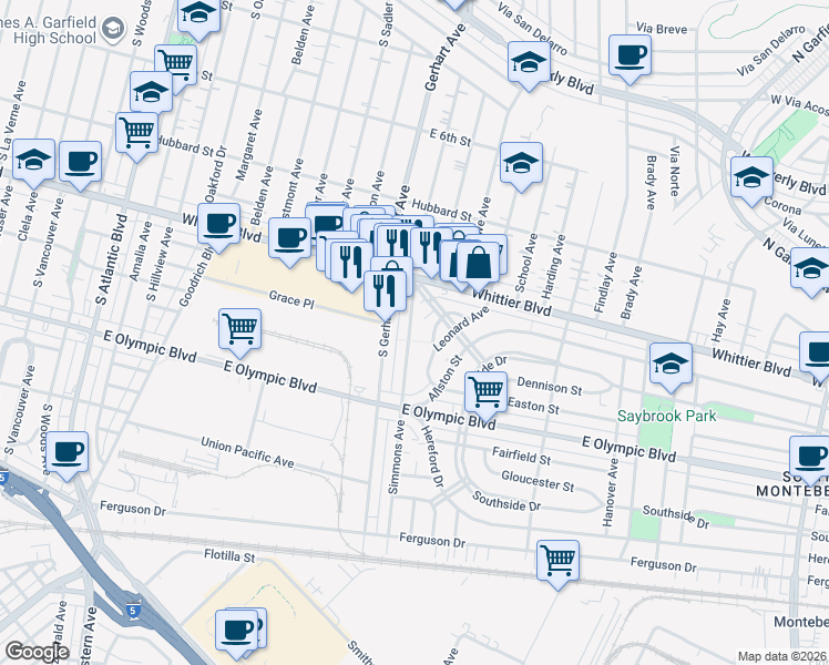map of restaurants, bars, coffee shops, grocery stores, and more near 934 Simmons Avenue in East Los Angeles