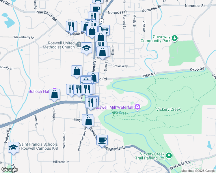 map of restaurants, bars, coffee shops, grocery stores, and more near 49 Oxbo Road in Roswell