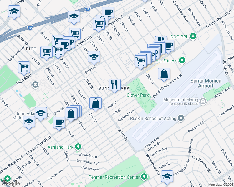 map of restaurants, bars, coffee shops, grocery stores, and more near 2424 Ocean Park Boulevard in Santa Monica