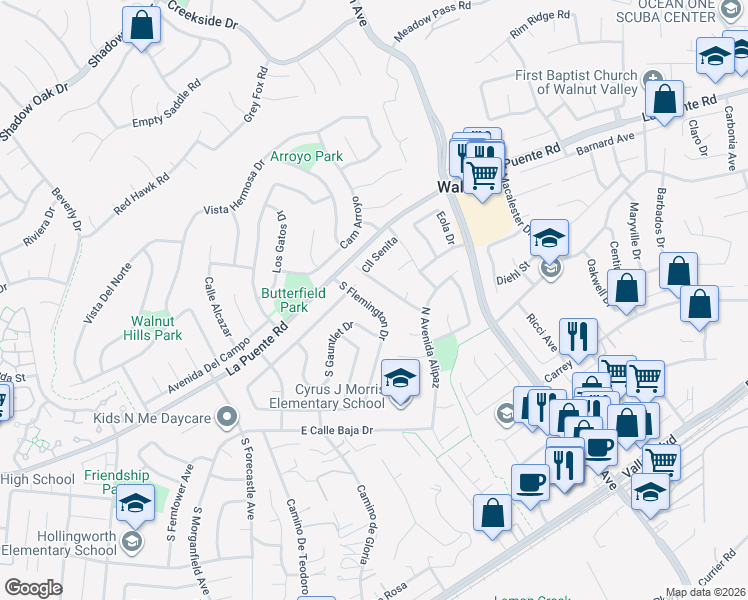 map of restaurants, bars, coffee shops, grocery stores, and more near 3328 South Flemington Drive in West Covina