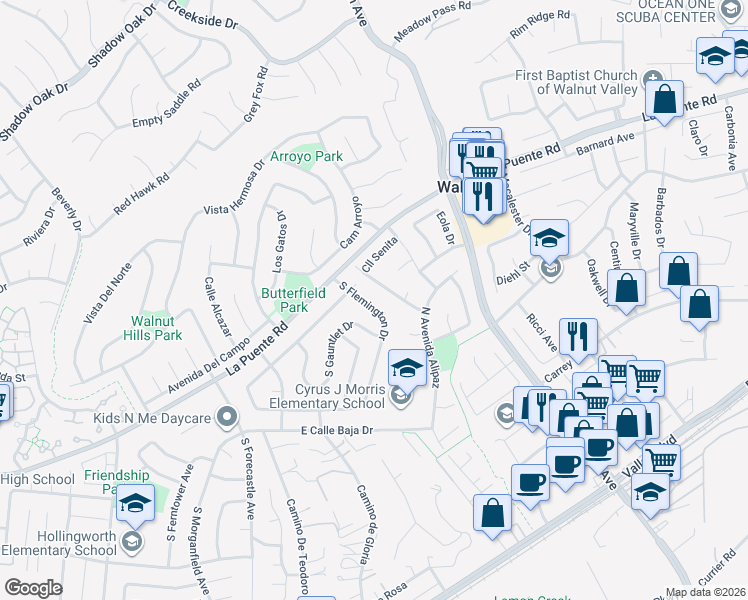 map of restaurants, bars, coffee shops, grocery stores, and more near 3328 South Flemington Drive in West Covina