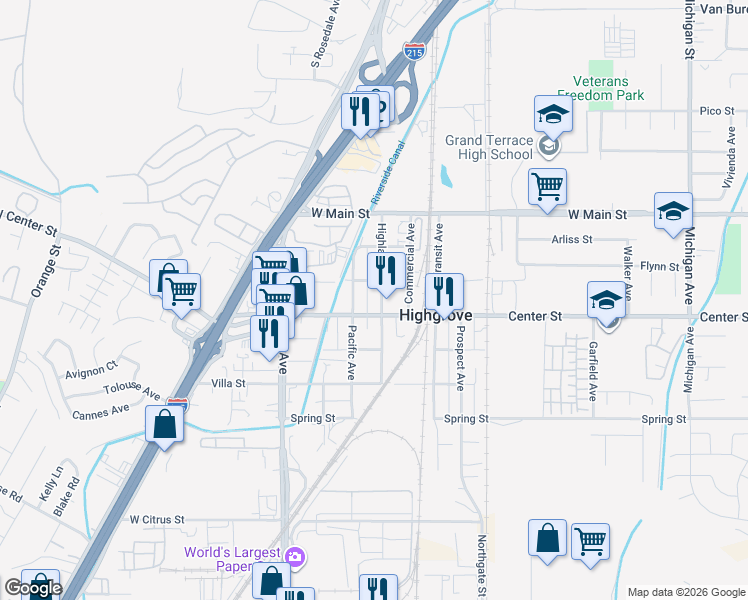 map of restaurants, bars, coffee shops, grocery stores, and more near 189 Highland Avenue in Riverside