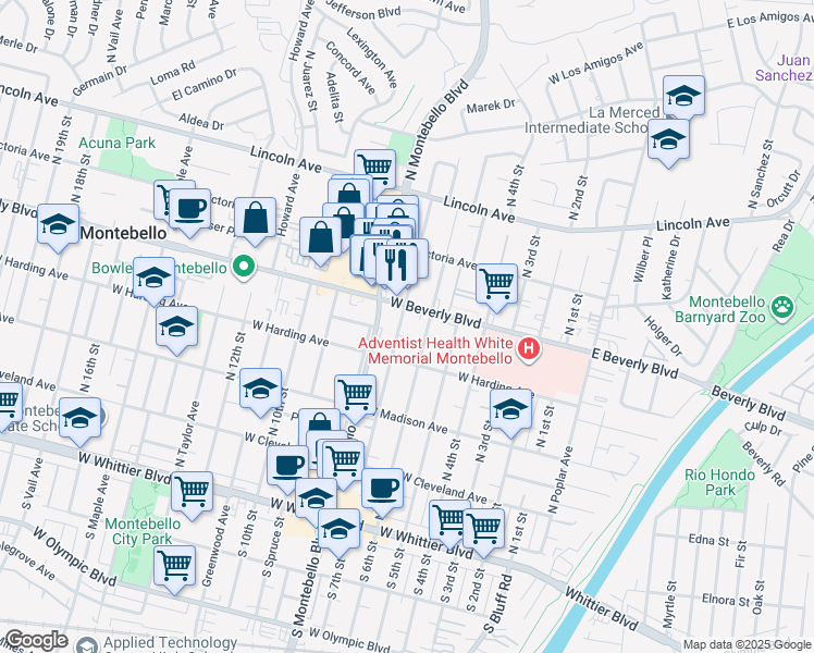 map of restaurants, bars, coffee shops, grocery stores, and more near 428 North 7th Street in Montebello