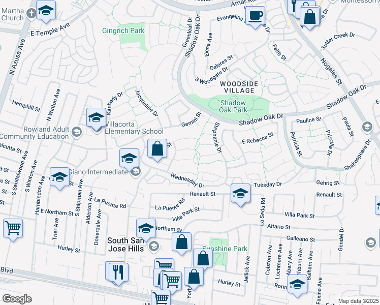 map of restaurants, bars, coffee shops, grocery stores, and more near 1942 Yvonne Street in West Covina
