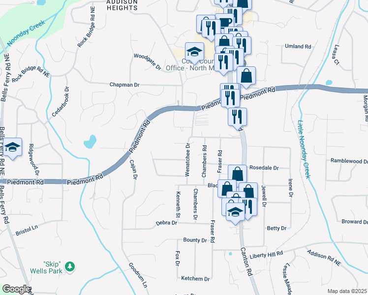 map of restaurants, bars, coffee shops, grocery stores, and more near 2667 Wenatchee Drive in Marietta