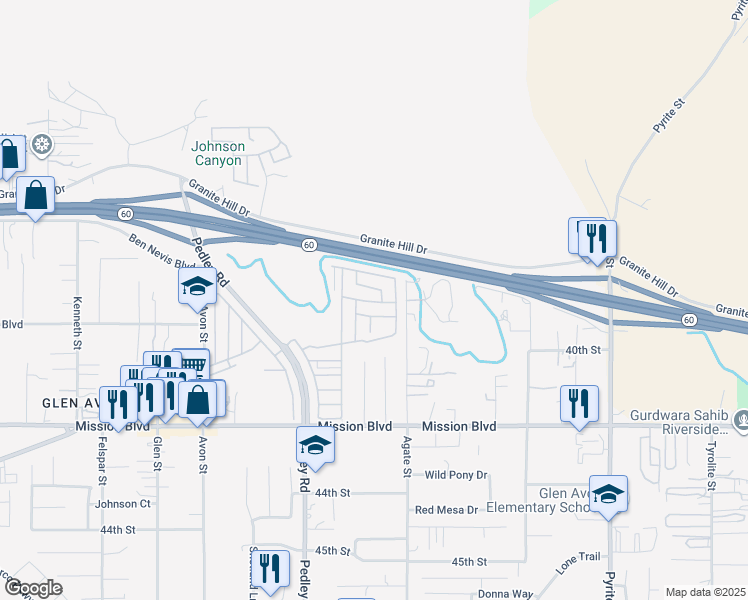 map of restaurants, bars, coffee shops, grocery stores, and more near 4080 Pedley Road in Riverside