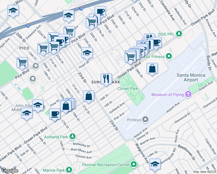 map of restaurants, bars, coffee shops, grocery stores, and more near 2424 Ocean Park Boulevard in Santa Monica