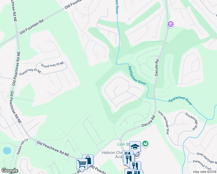 map of restaurants, bars, coffee shops, grocery stores, and more near 2874 Misty Rock Cove in Dacula