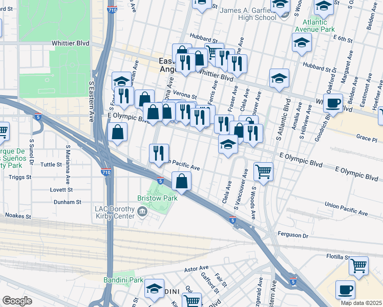 map of restaurants, bars, coffee shops, grocery stores, and more near 1231 South Ferris Avenue in East Los Angeles