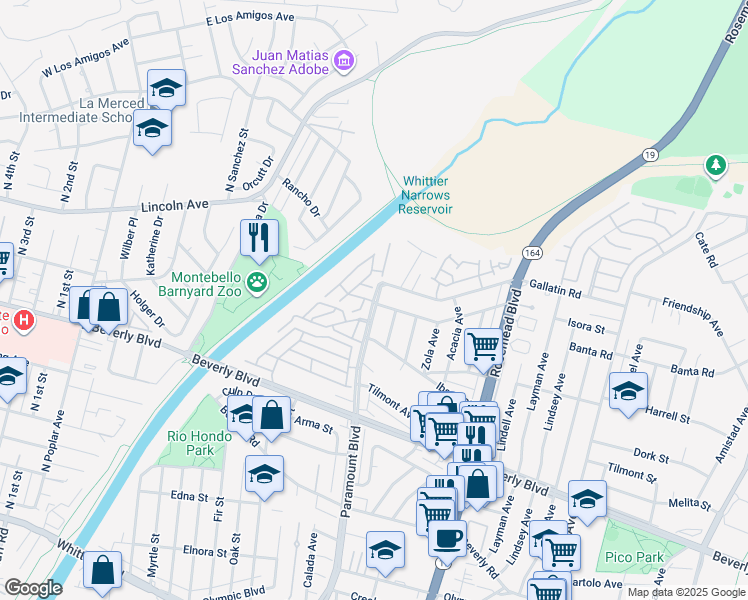 map of restaurants, bars, coffee shops, grocery stores, and more near 4101 Paramount Boulevard in Pico Rivera