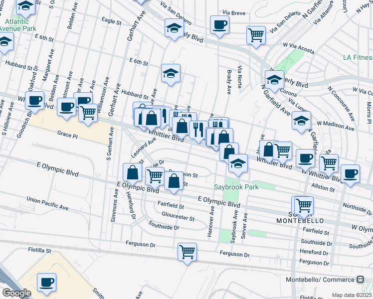 map of restaurants, bars, coffee shops, grocery stores, and more near 6101 Whittier Boulevard in East Los Angeles