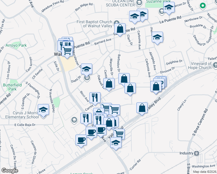 map of restaurants, bars, coffee shops, grocery stores, and more near 20417 Fuero Drive in Walnut