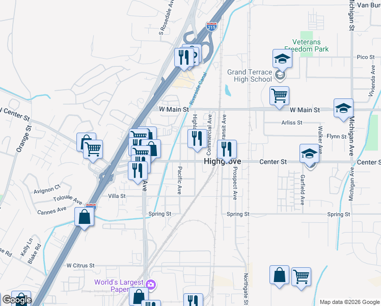 map of restaurants, bars, coffee shops, grocery stores, and more near 189 Highland Avenue in Riverside