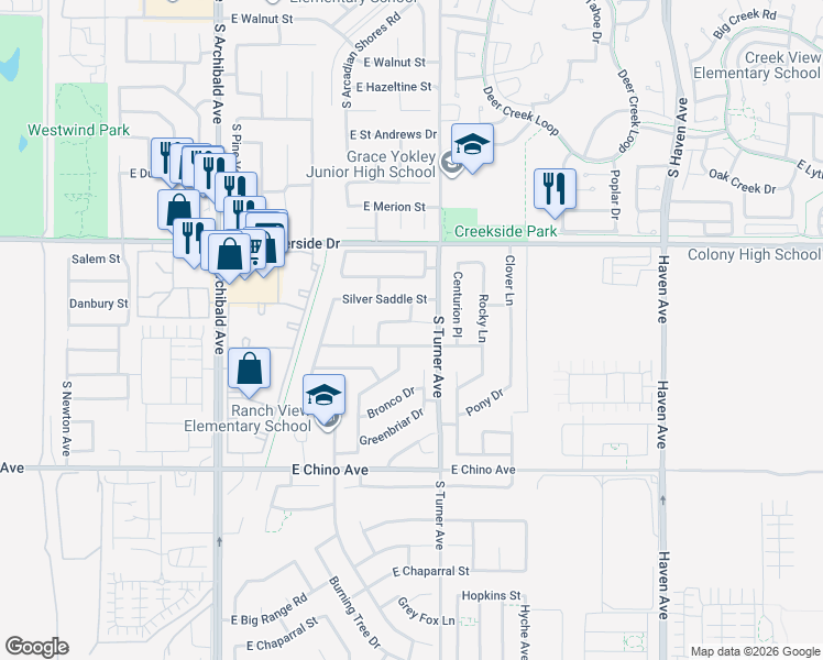 map of restaurants, bars, coffee shops, grocery stores, and more near 2966 Silver Saddle Street in Ontario