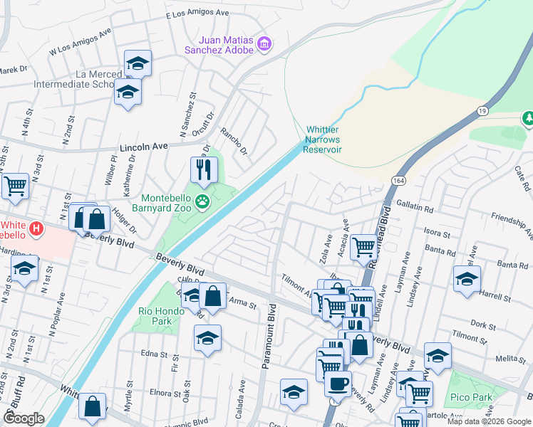 map of restaurants, bars, coffee shops, grocery stores, and more near 4101 Paramount Boulevard in Pico Rivera