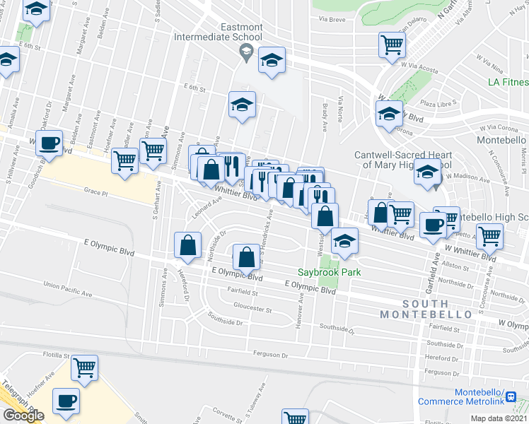 map of restaurants, bars, coffee shops, grocery stores, and more near 6101 Whittier Boulevard in East Los Angeles