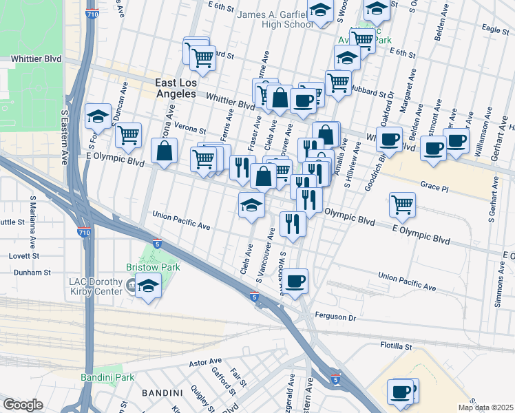 map of restaurants, bars, coffee shops, grocery stores, and more near 5010 East Olympic Boulevard in East Los Angeles
