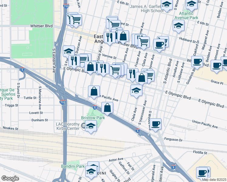 map of restaurants, bars, coffee shops, grocery stores, and more near 1231 South Ferris Avenue in East Los Angeles