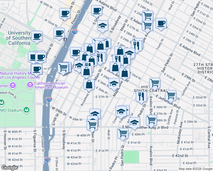 map of restaurants, bars, coffee shops, grocery stores, and more near 140 East 35th Street in Los Angeles
