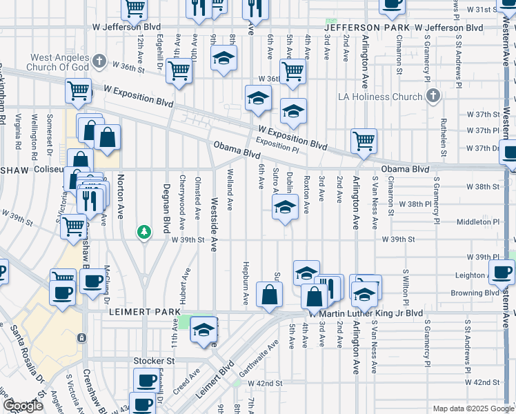 map of restaurants, bars, coffee shops, grocery stores, and more near 3811 6th Avenue in Los Angeles