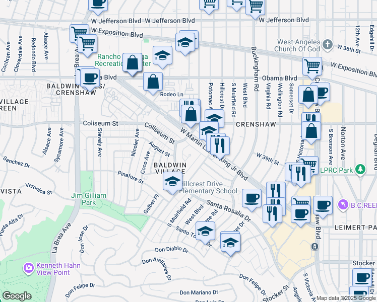 map of restaurants, bars, coffee shops, grocery stores, and more near 4410 West Martin Luther King Junior Boulevard in Los Angeles