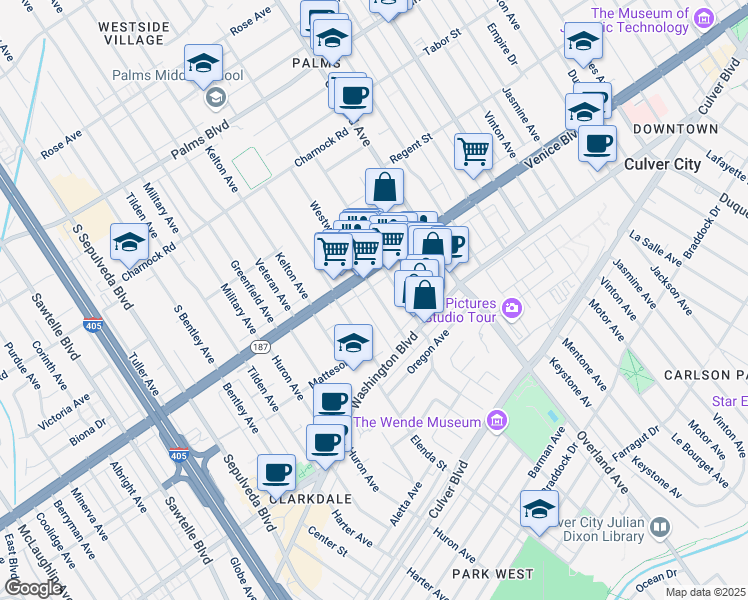 map of restaurants, bars, coffee shops, grocery stores, and more near 3817 Midway Avenue in Culver City