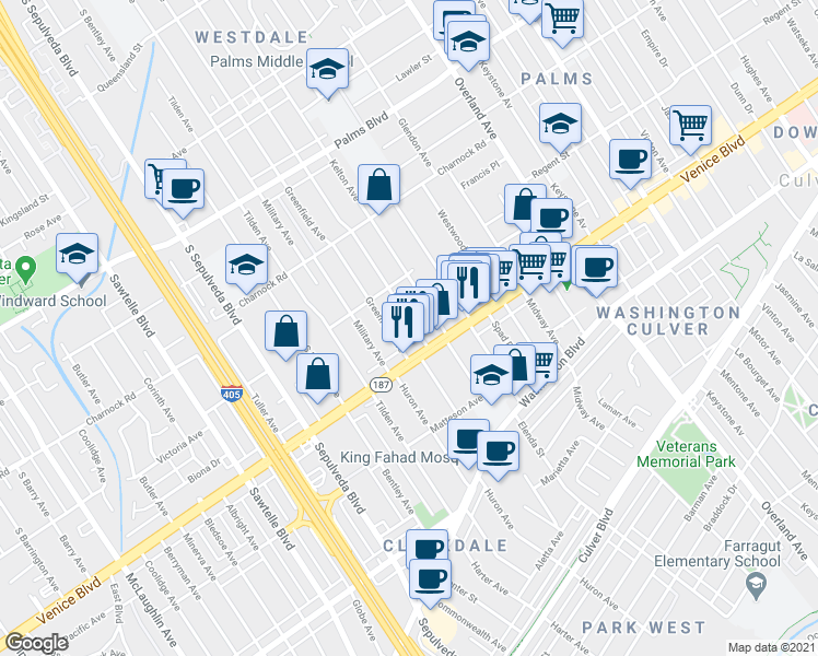 map of restaurants, bars, coffee shops, grocery stores, and more near 3735 Kelton Avenue in Los Angeles
