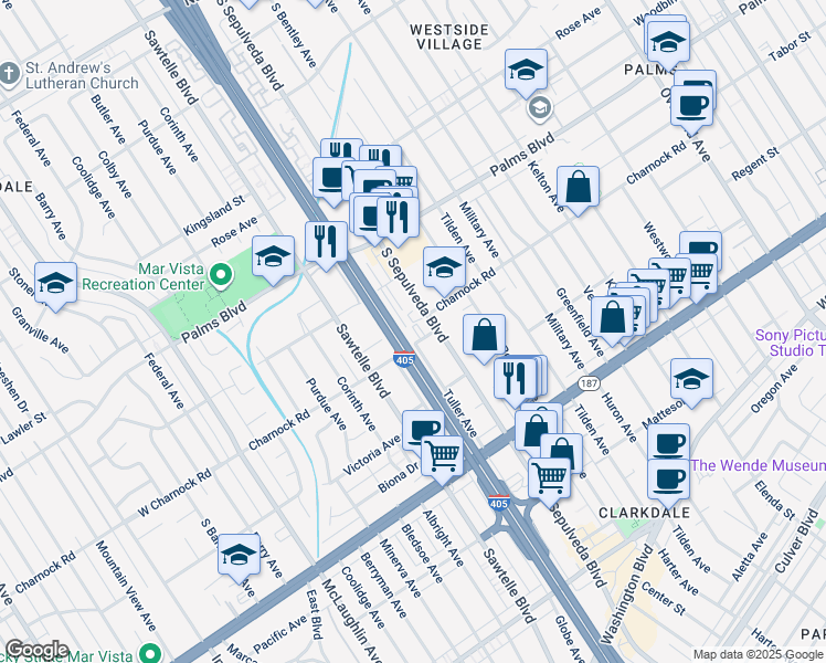 map of restaurants, bars, coffee shops, grocery stores, and more near in Los Angeles
