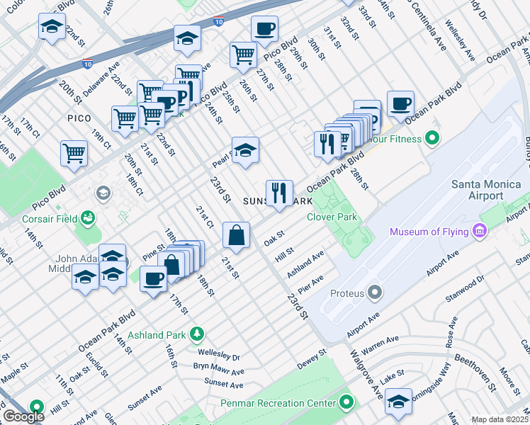 map of restaurants, bars, coffee shops, grocery stores, and more near 2525 Pearl Place South in Santa Monica
