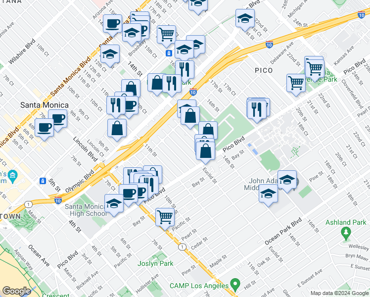 map of restaurants, bars, coffee shops, grocery stores, and more near 1833 Euclid Street in Santa Monica