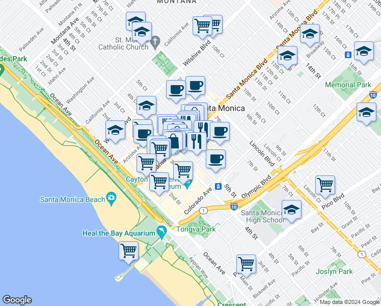 map of restaurants, bars, coffee shops, grocery stores, and more near in Santa Monica