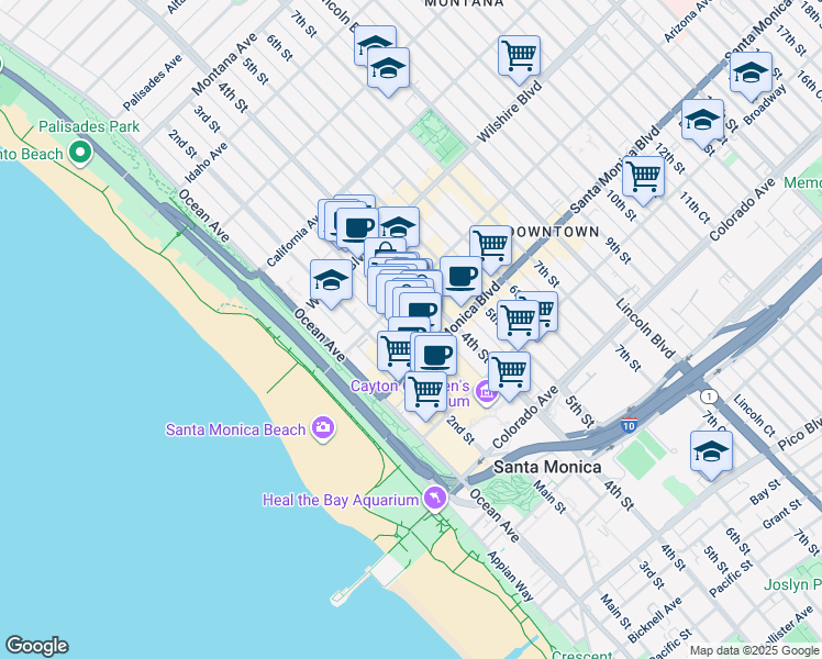 map of restaurants, bars, coffee shops, grocery stores, and more near 230 Arizona Avenue in Santa Monica