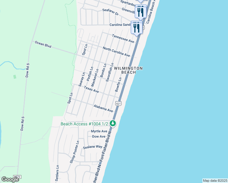 map of restaurants, bars, coffee shops, grocery stores, and more near 1507 Snapper Lane in Carolina Beach
