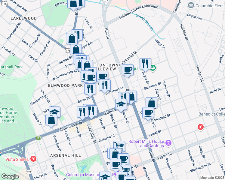 map of restaurants, bars, coffee shops, grocery stores, and more near 2222 Marion Street in Columbia