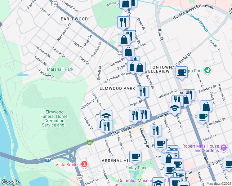 map of restaurants, bars, coffee shops, grocery stores, and more near 1031 Price Avenue in Columbia