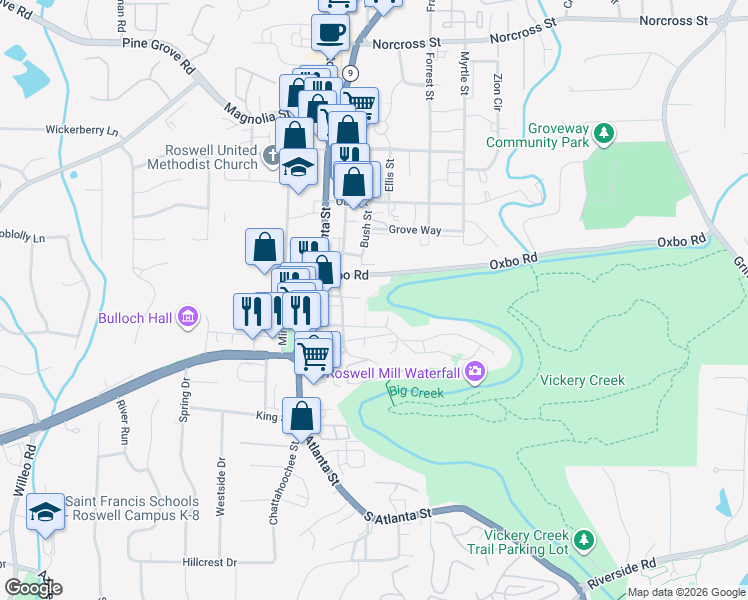 map of restaurants, bars, coffee shops, grocery stores, and more near 49 Oxbo Road in Roswell
