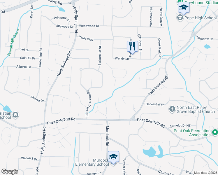 map of restaurants, bars, coffee shops, grocery stores, and more near 2725 Timbermill Drive Northeast in Marietta