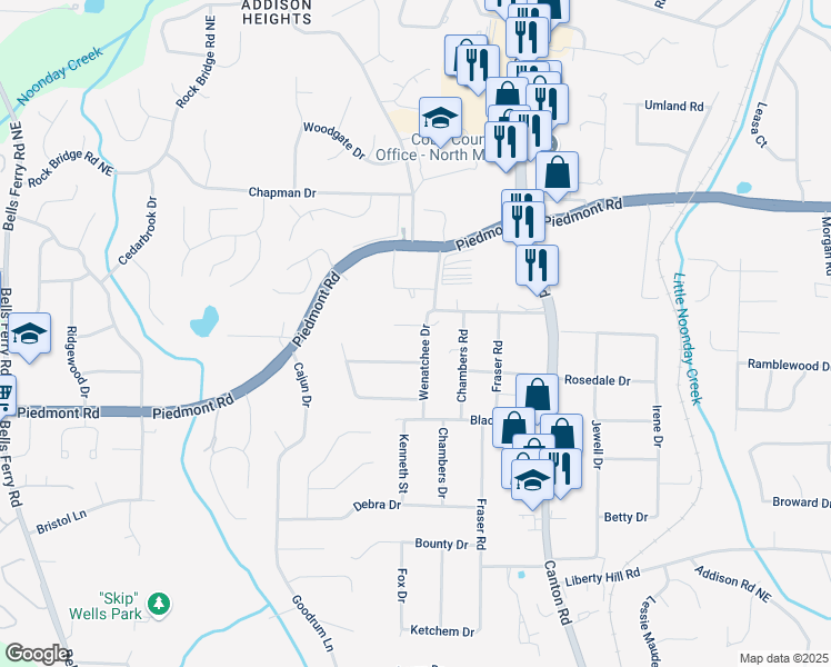 map of restaurants, bars, coffee shops, grocery stores, and more near 2667 Wenatchee Drive in Marietta