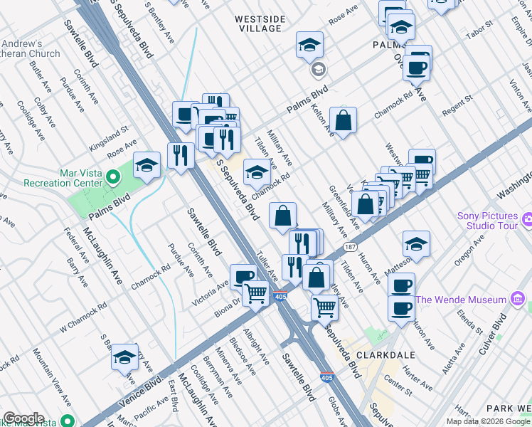 map of restaurants, bars, coffee shops, grocery stores, and more near 3640 South Sepulveda Boulevard in Los Angeles