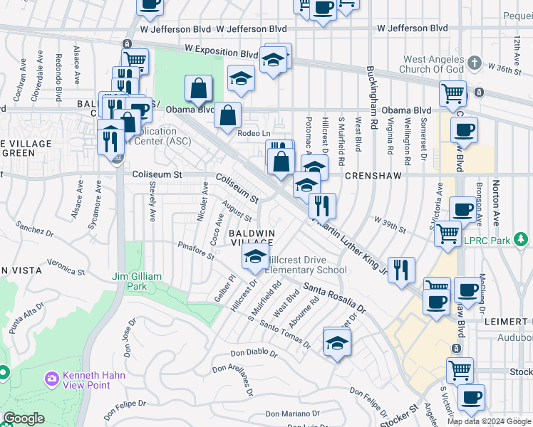 map of restaurants, bars, coffee shops, grocery stores, and more near 4541 Santa Rosalia Drive in Los Angeles