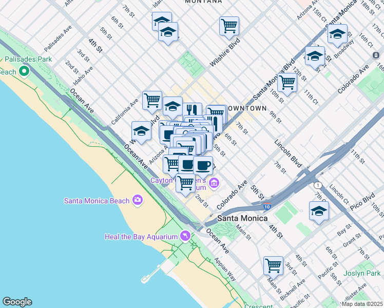 map of restaurants, bars, coffee shops, grocery stores, and more near in Santa Monica